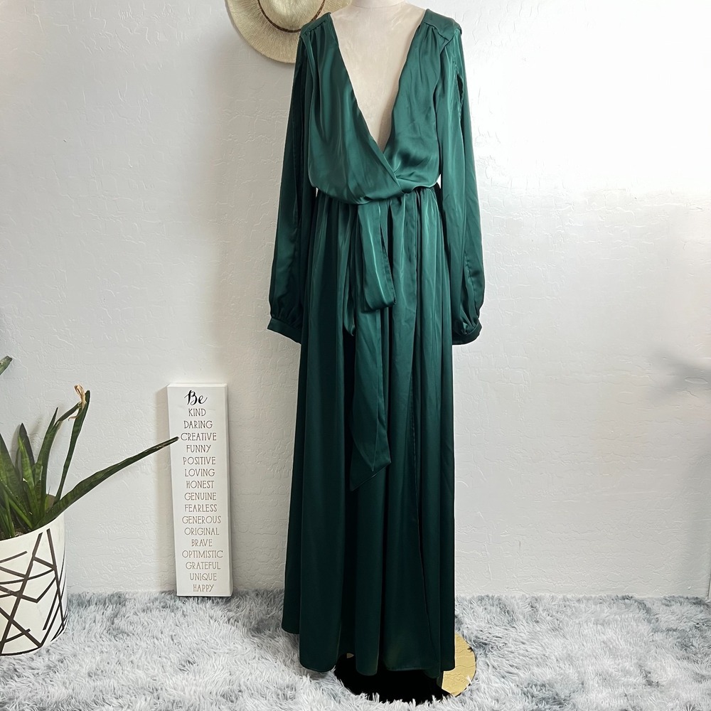 Emerald rich Green maxi dress 2X formal romantic classy long flowy zip belted